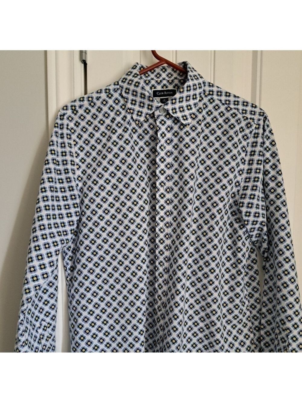 MENS CLUB ROOM geometric print blue yellow cotton shirt long sleeve button up M